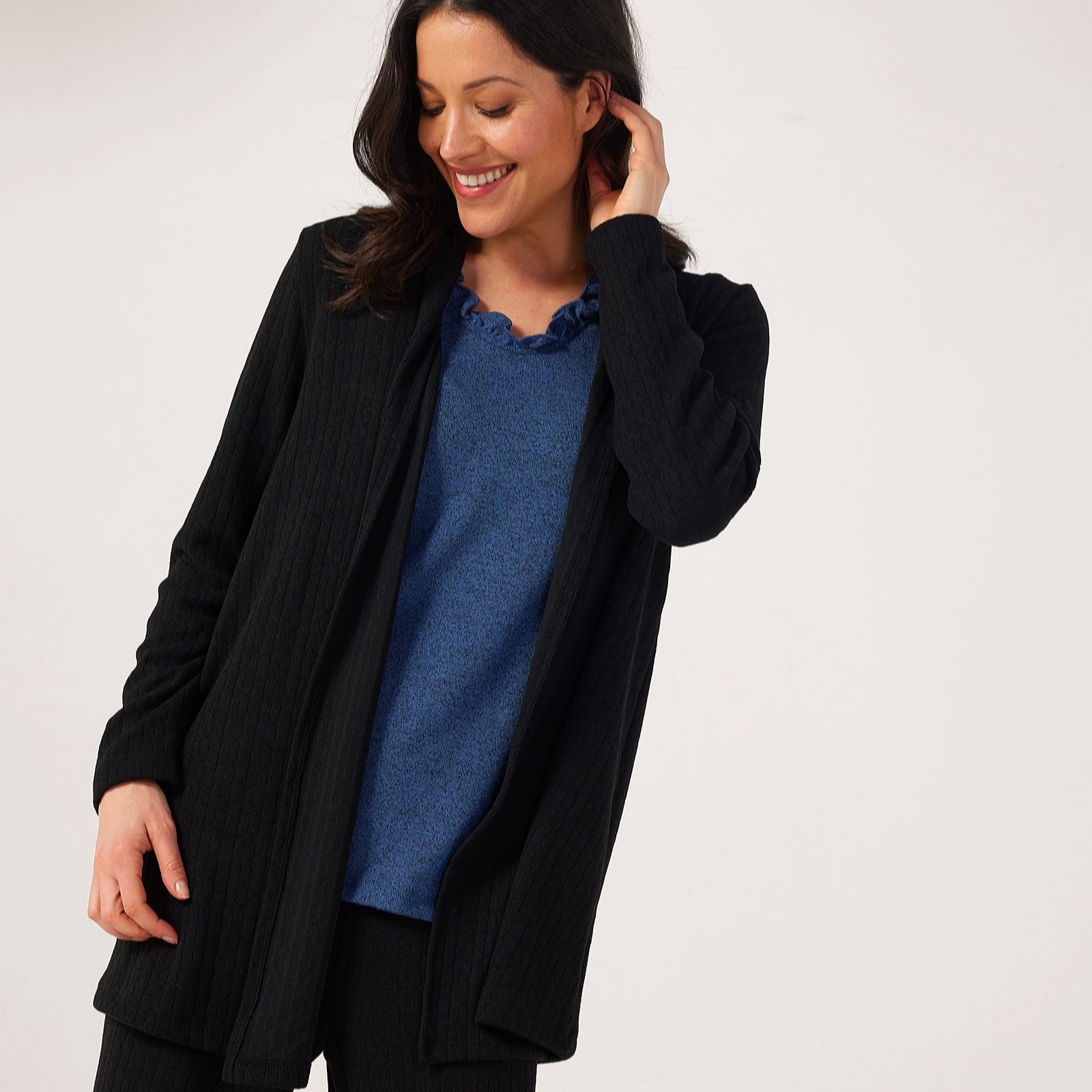 Kim & Co Black Fine Cable Knit Edge To Edge Cardigan