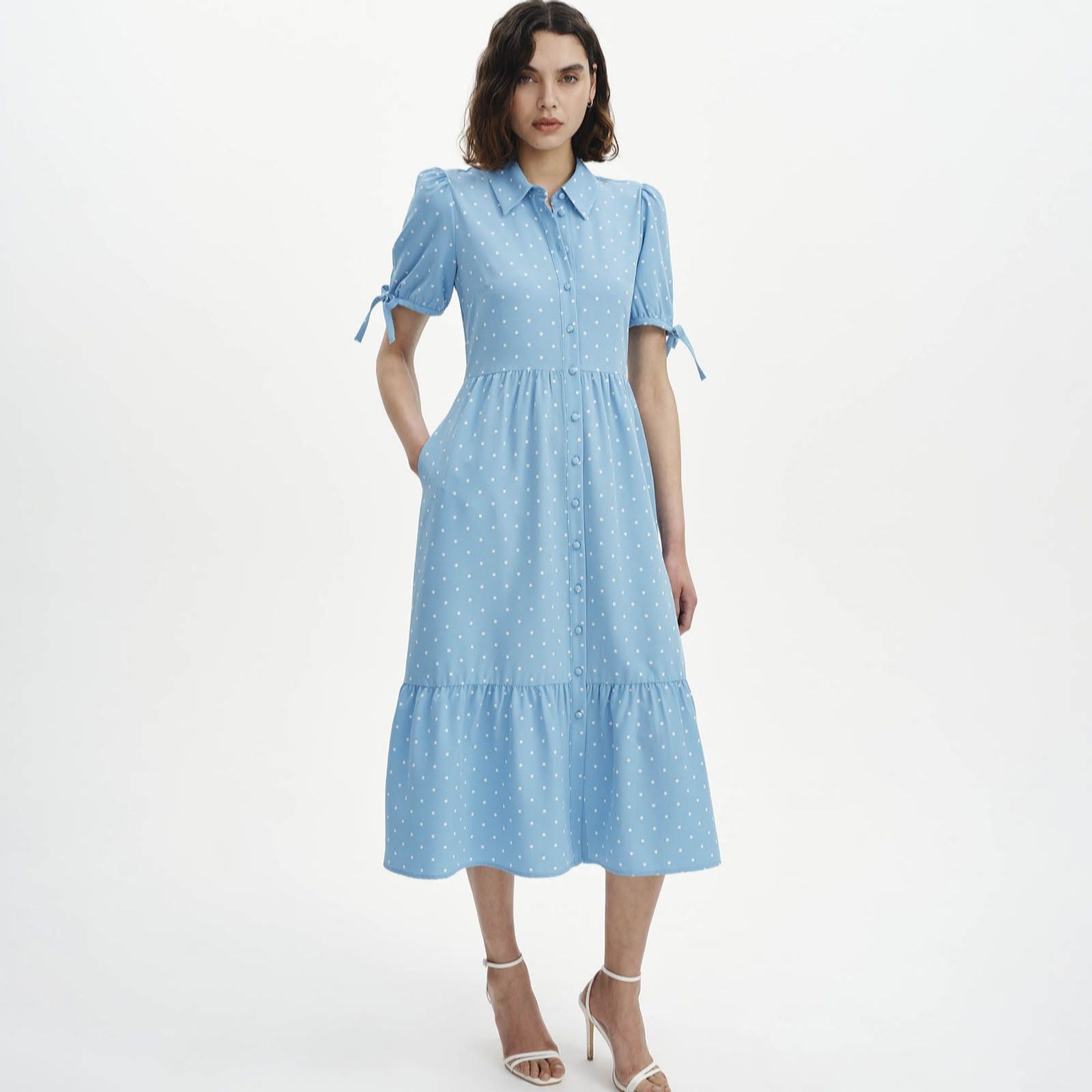 Finery London Spot Print Shirt Dress with Tie Sleeve Detail Standard women's
