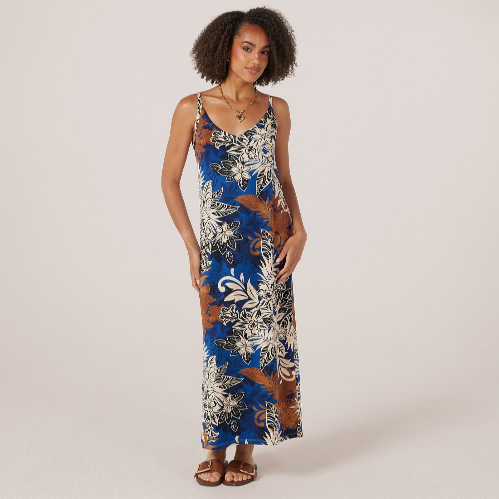 Kim & Co Blue Multi Printed Brazil Jersey Strap Maxi Dress