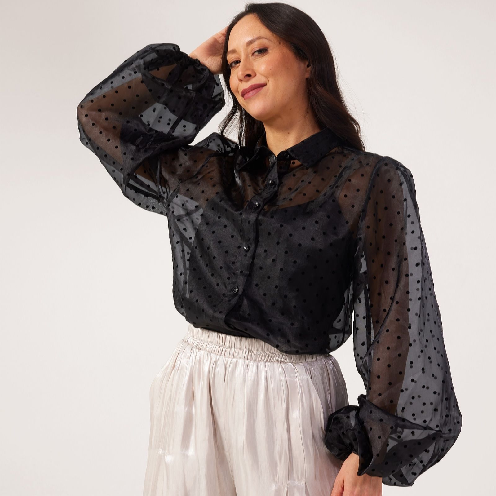 Malissa J 2in1 Spot Mesh Puff Sleeve Shirt with Cami