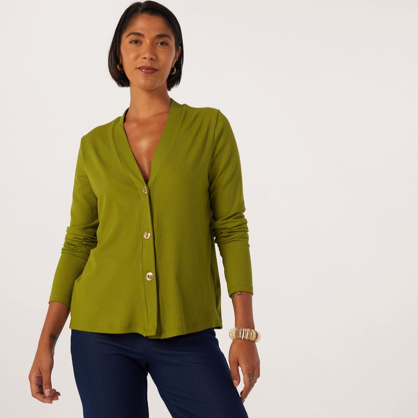 Kim & Co Viscose Rib Jersey Button Front Long Sleeve Cardigan women's