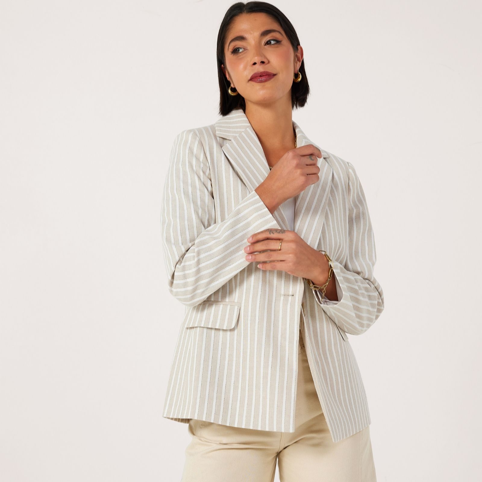 Helene Berman Beige Ivory Linen Cotton Blend Metallic Stripe Relazed Blazer