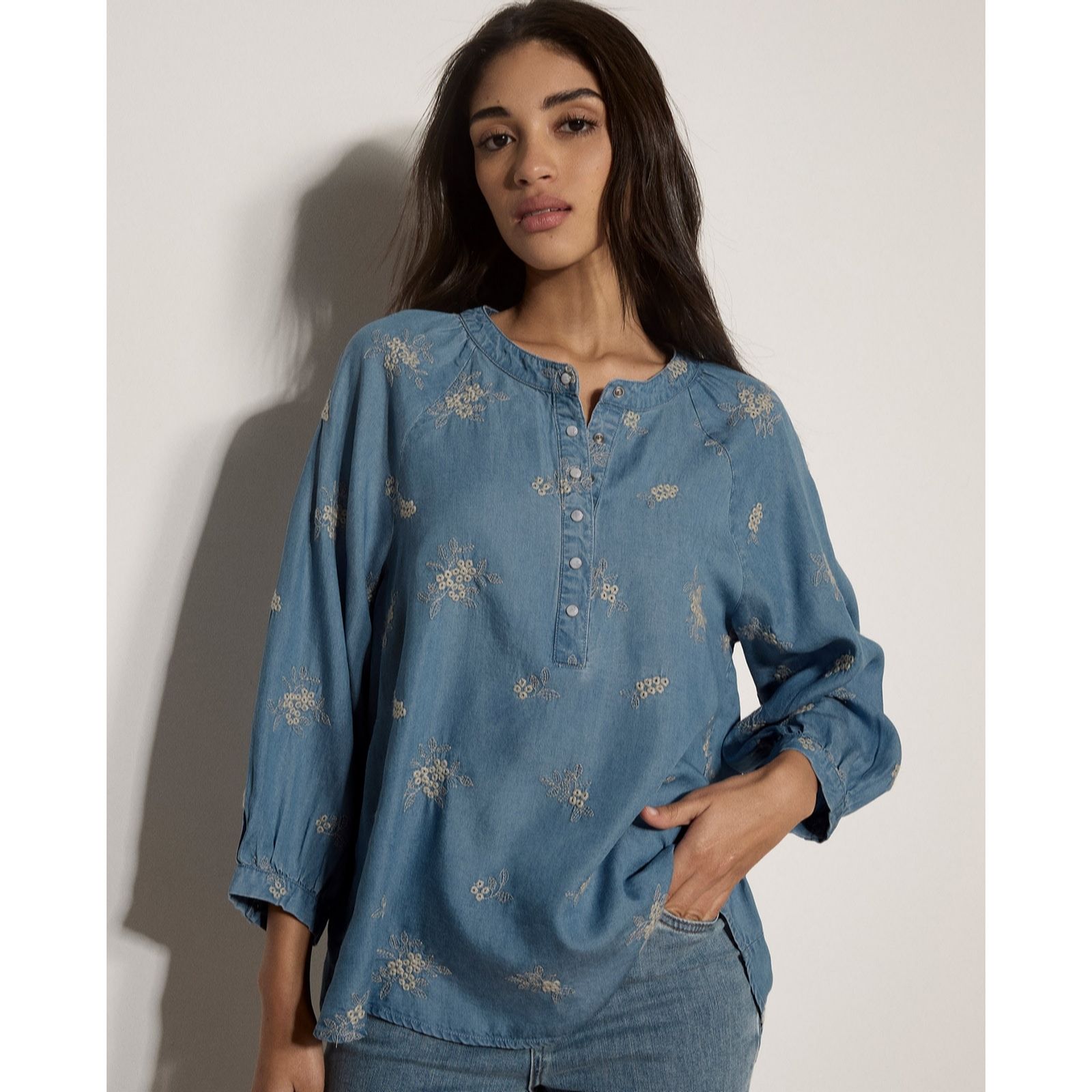 Apricot Women's Floral Embroidered Denim Blouse in Blue | Size: 18