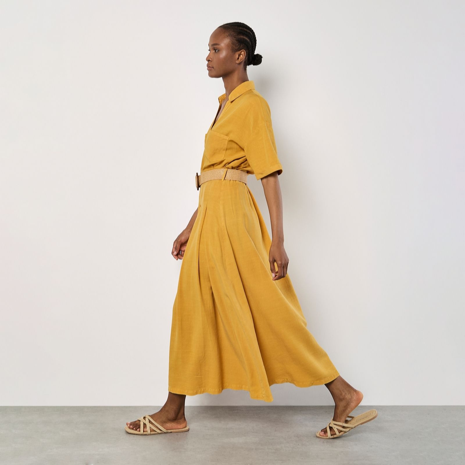 Apricot Green Boho Slub Belted Midi Skirt