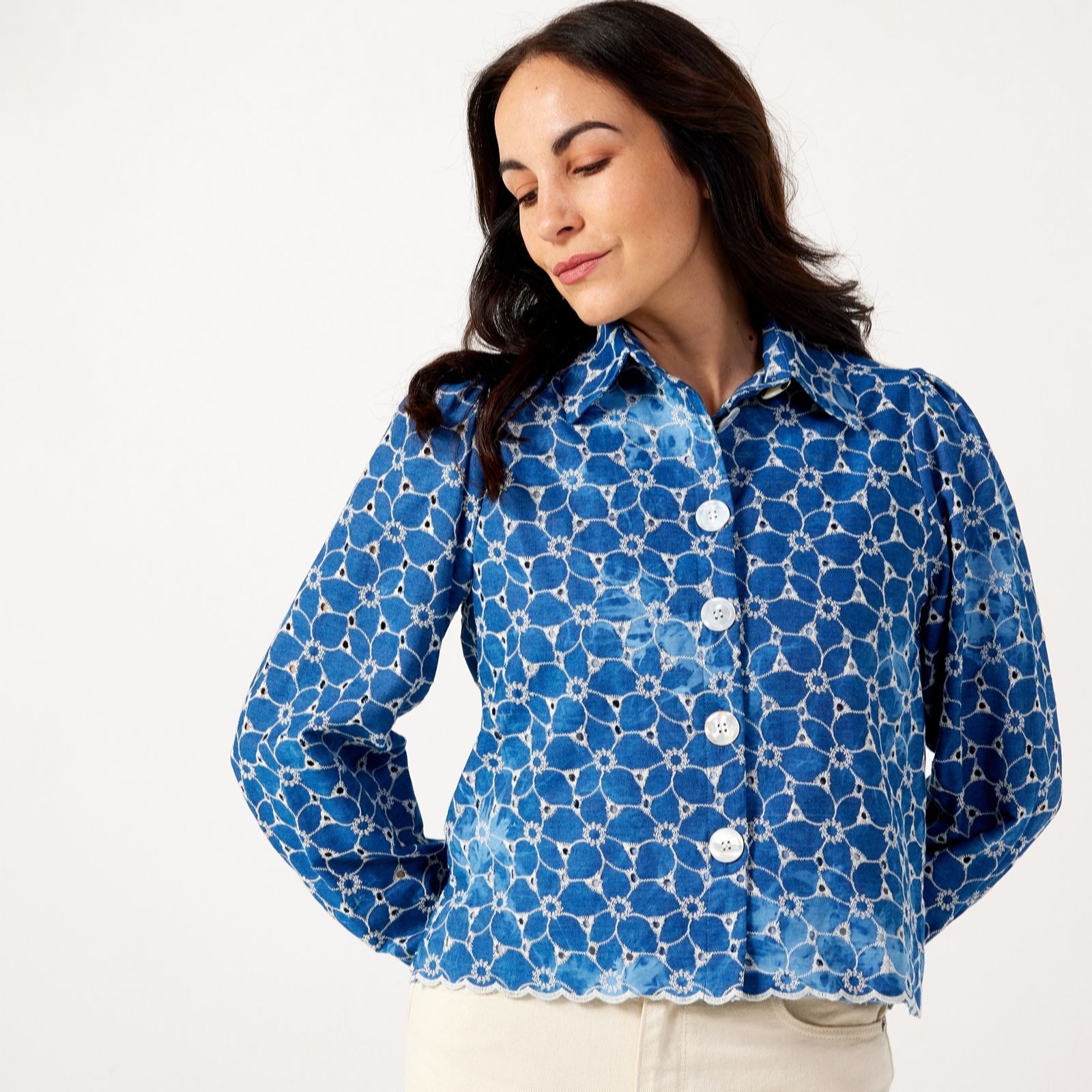 Helene Berman Denim Blue Embroided Lined Denim Cropped Jacket