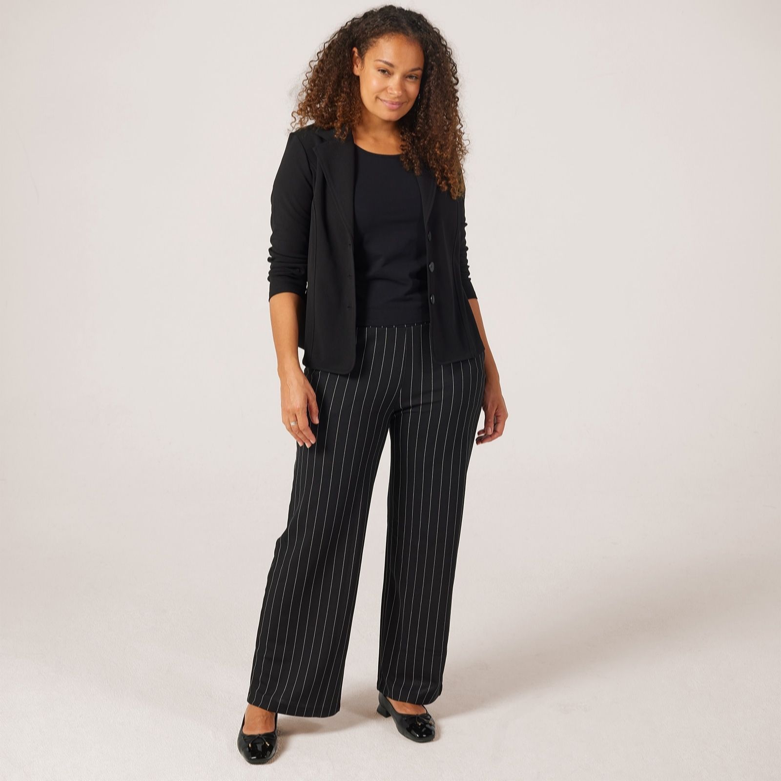 Kim & Co Black Stripe Pinstripe Ponte Crepe Straight Leg Petite Trousers With Po...
