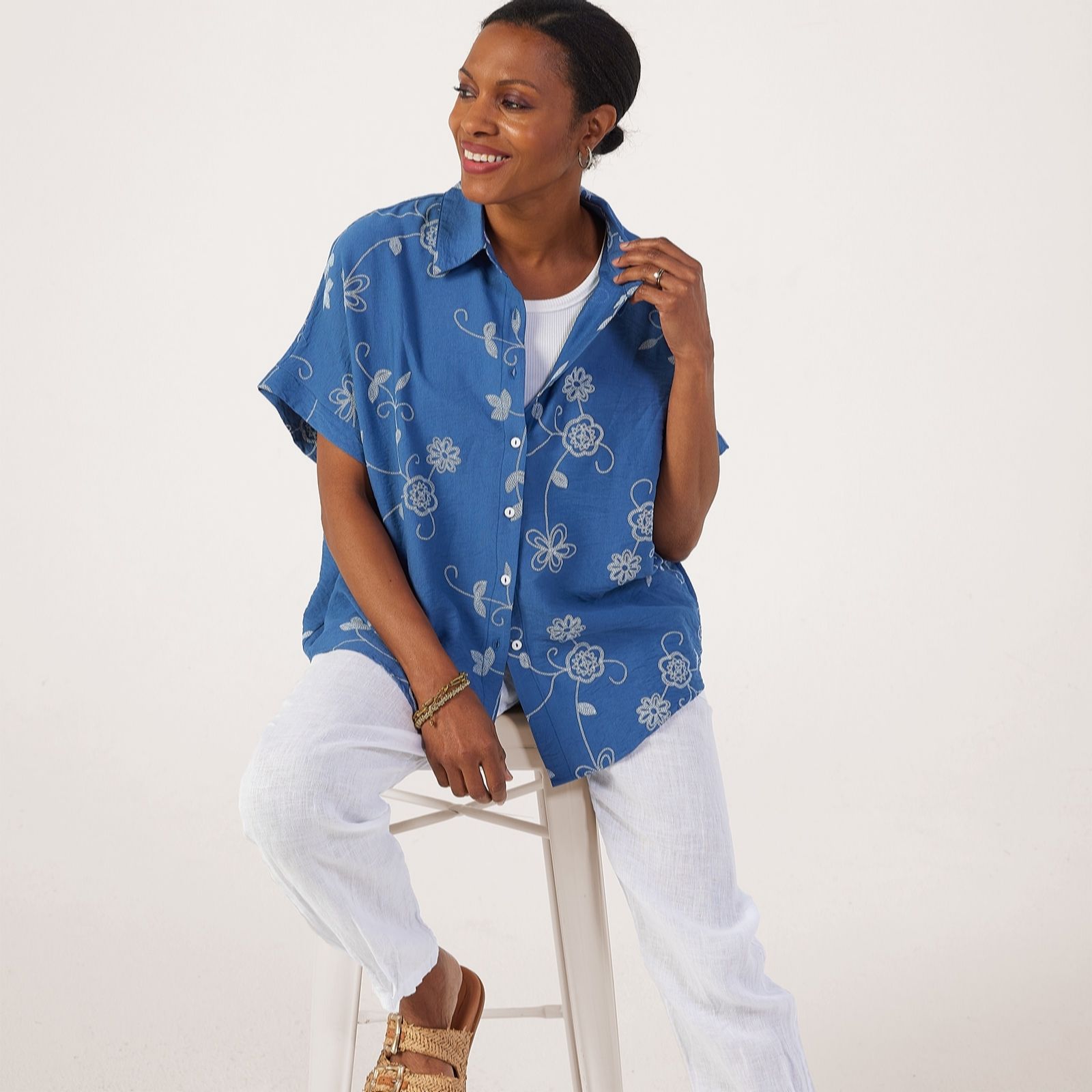 Izabel London Floral Embroidered Button Front Shirt
