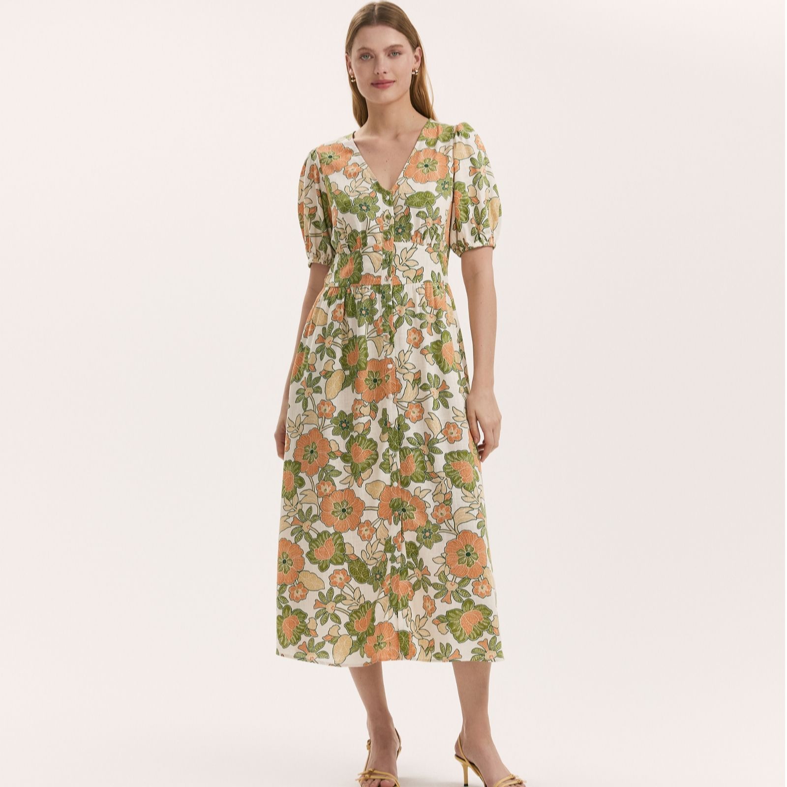 Finery London Addison Linen Blend Flower Print Midi Dress women's