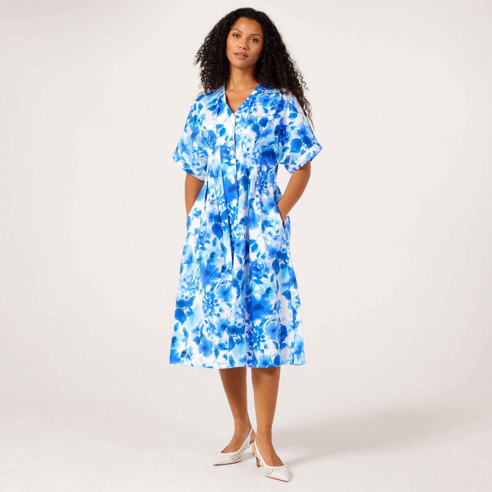 Helene Berman Blue White Floral Print Tiered Midi Dress