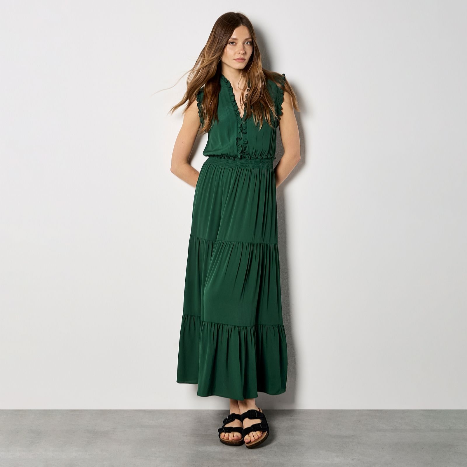 Apricot Blue V-Neck Ruffle Tiered Maxi Dress