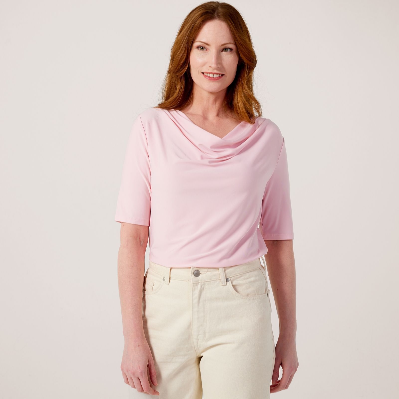 Nina Leonard Black Drape Neck Elbow Sleeve Top