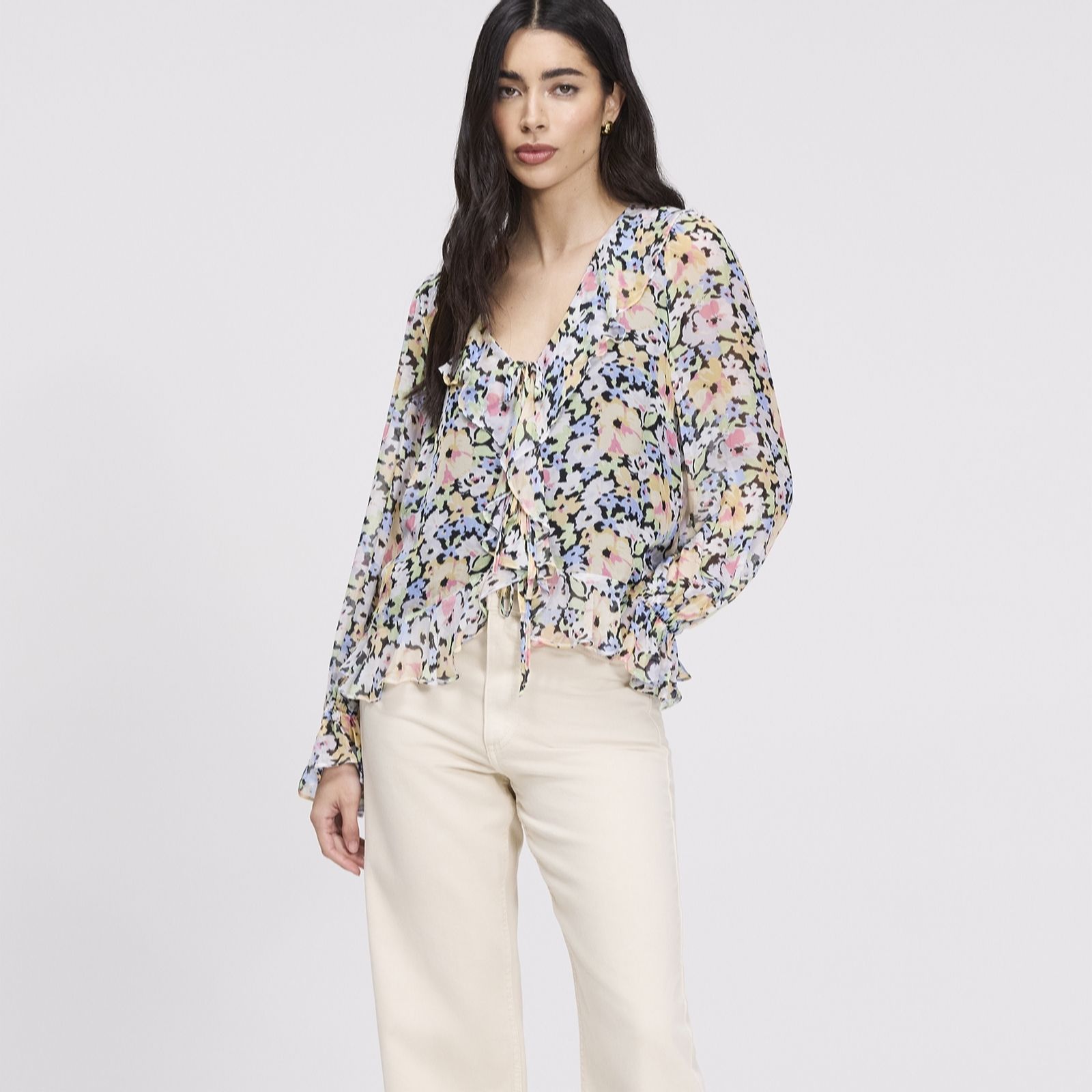 Jannelle Yellow Floral Chiffon Ruffle Front Tie Blouse Size: 8