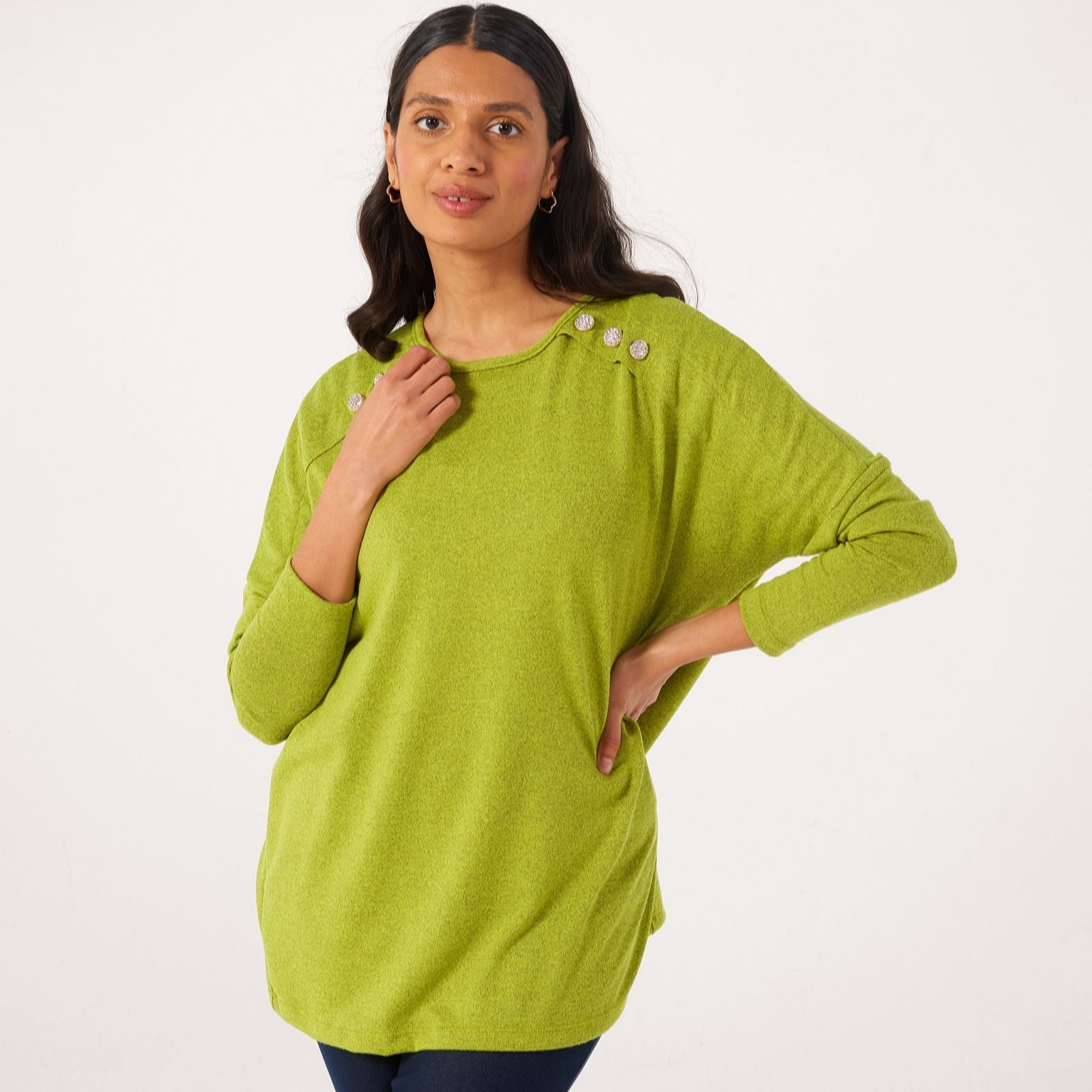 Kim & Co Chartreuse Soft Touch Blouson Sleeve Button Detail Jumper