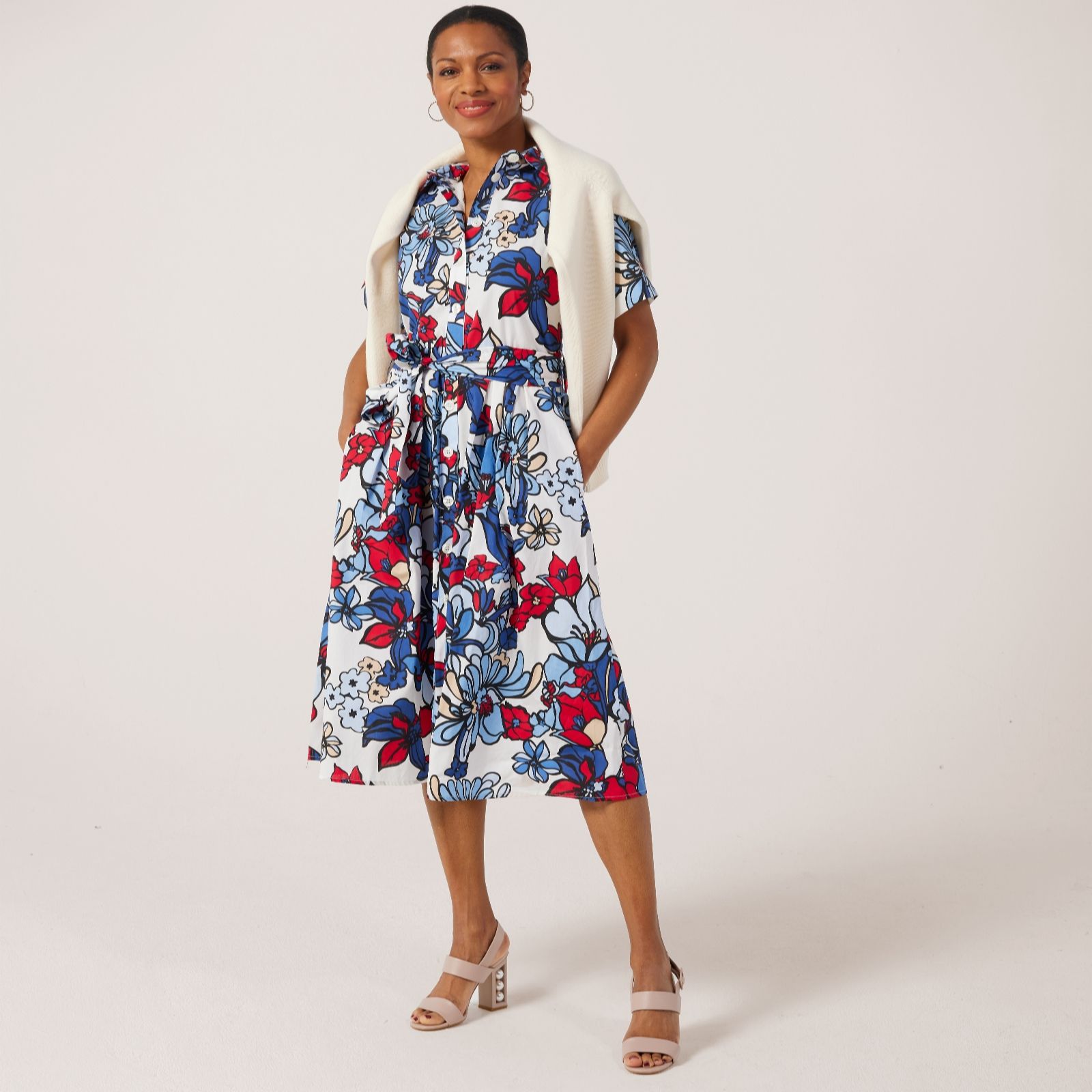 Helene Berman Cotton Printed Floral Short Sleeve Shirt Dress