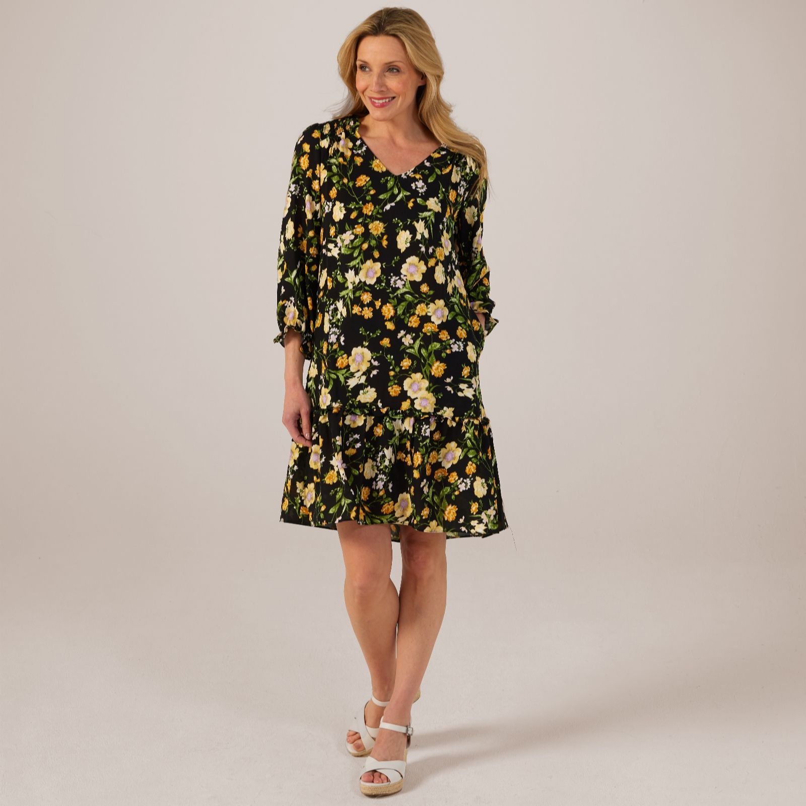 Nina Leonard Smoked V-Neck Tiered Printed Dress