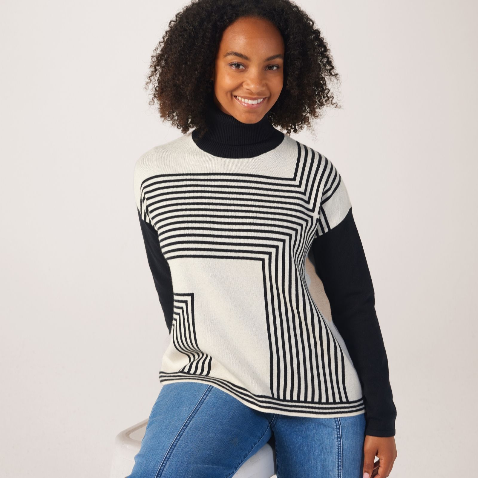 Marlawynne Creme Fraiche Black Softknit Jacquard Geo Pattern Mock Neck