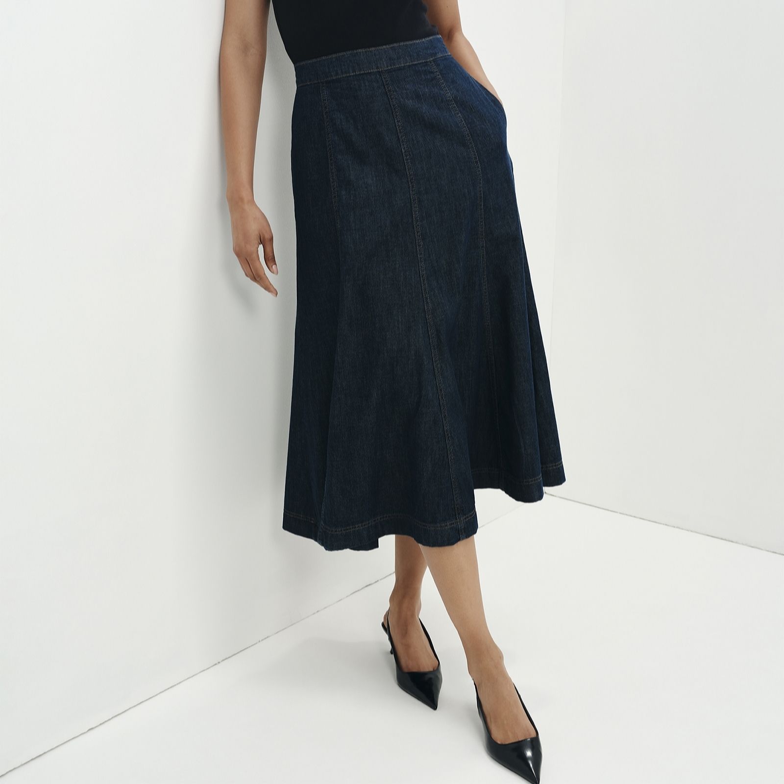 Finery London Dana Panelled Denim Flare A-Line Midi Skirt women's