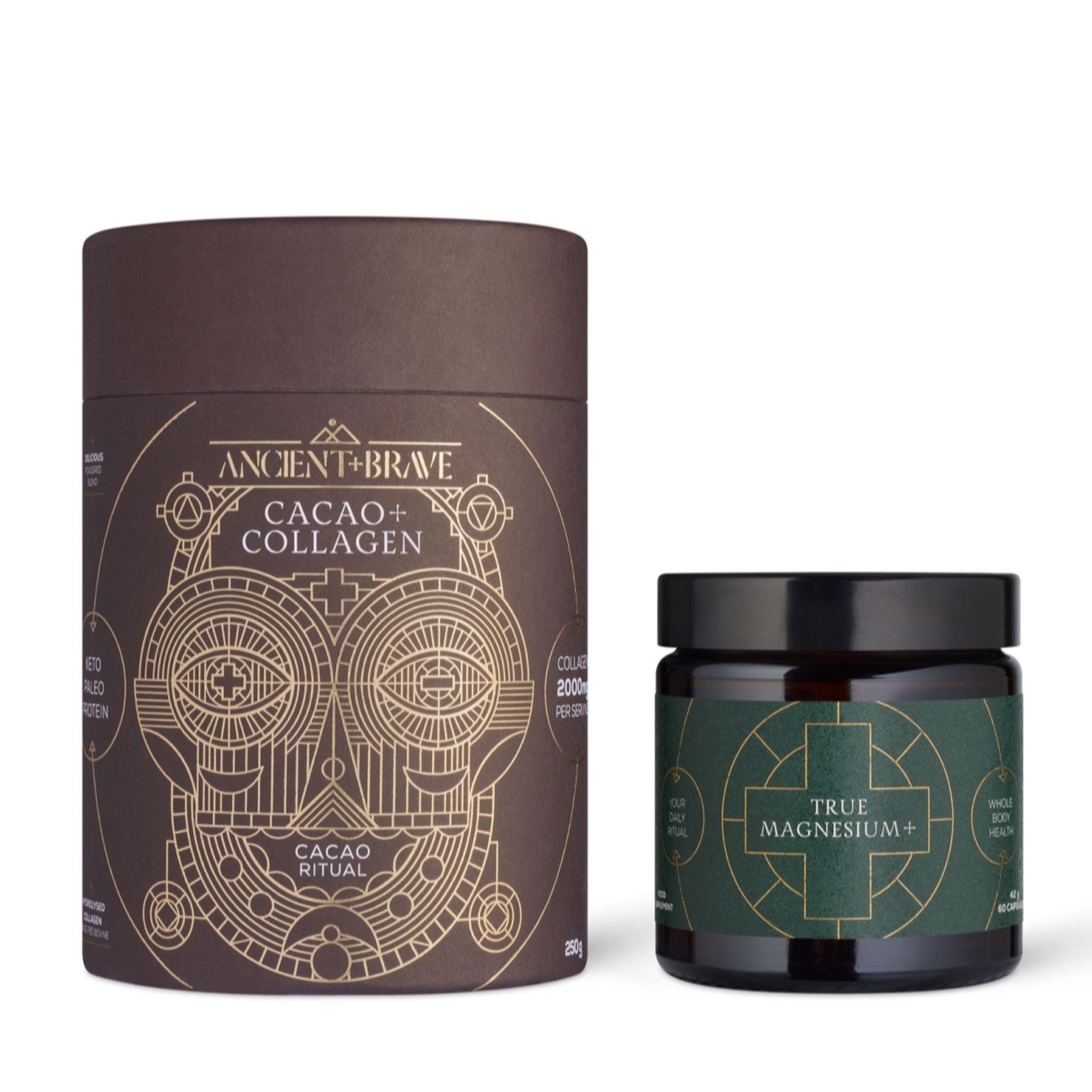 Ancient + Brave Cacao+ Collagen Tub 250g & True Magnesium 60 Capsules