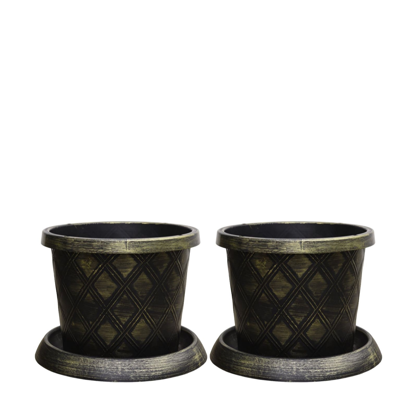 Thompson & Morgan Black/Gold Plastic Flowerpot With Saucer In & X 2