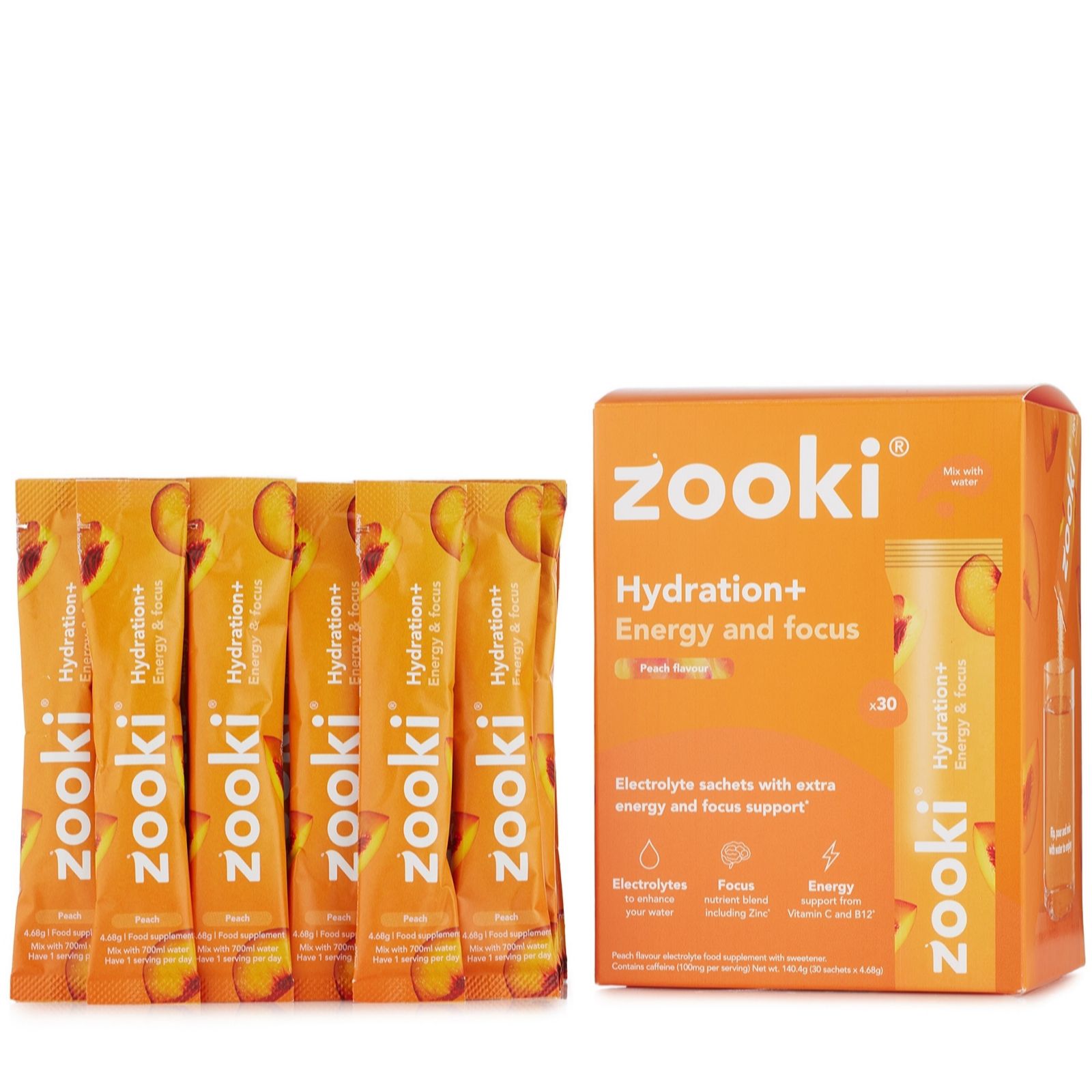 Zooki Peach Hydration+ Energy & Focus 30 X Powder Sticks