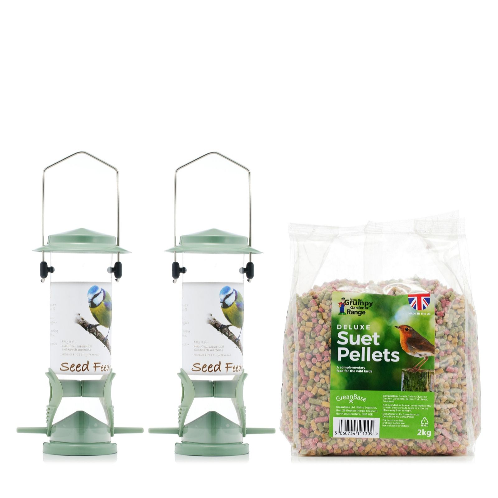 Grumpy Gardener British Racing Green 2Kg Deluxe Suet Pellets With 2X Suet Feeders