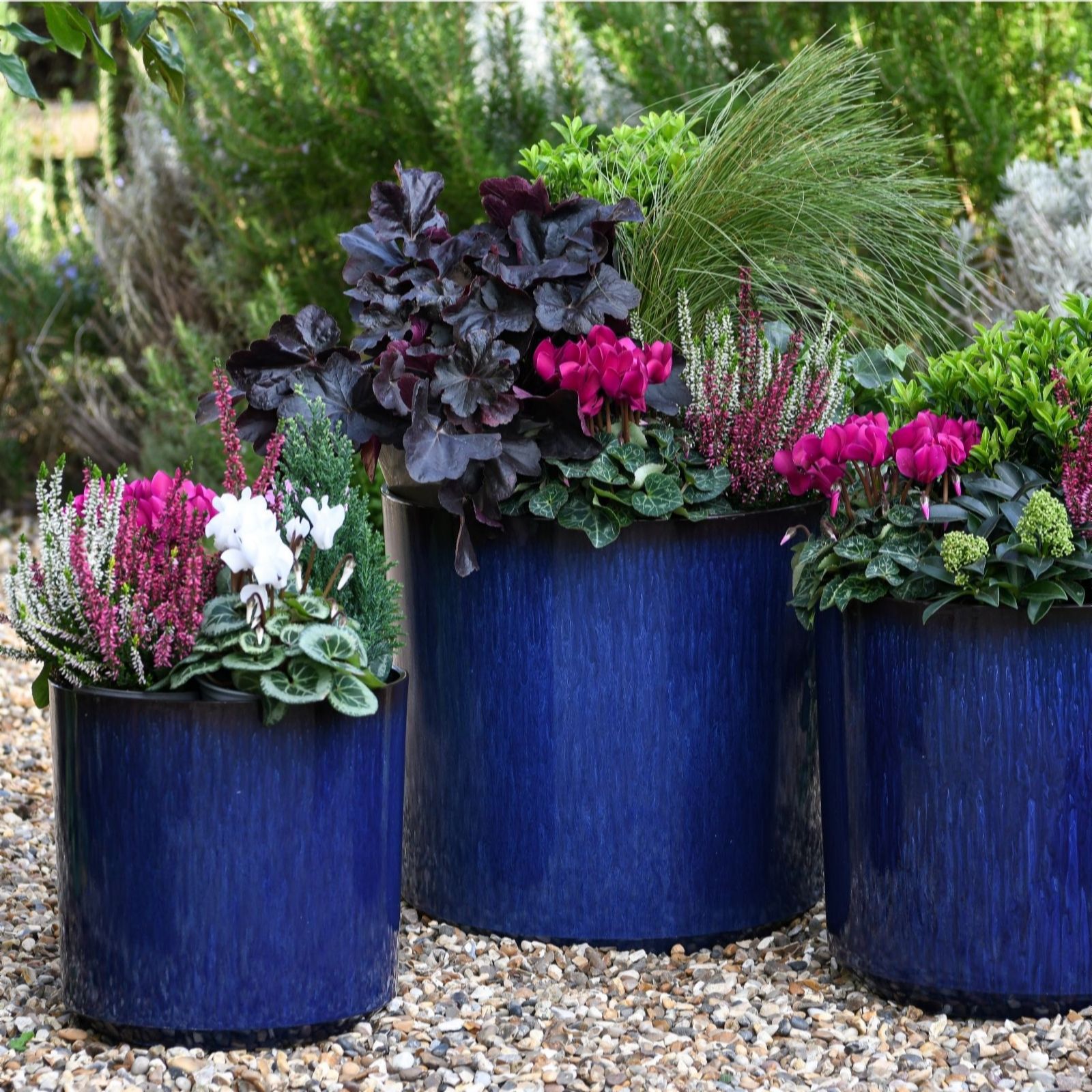 Thompson & Morgan Blue Set Of Three Cylinder Glazed Planters