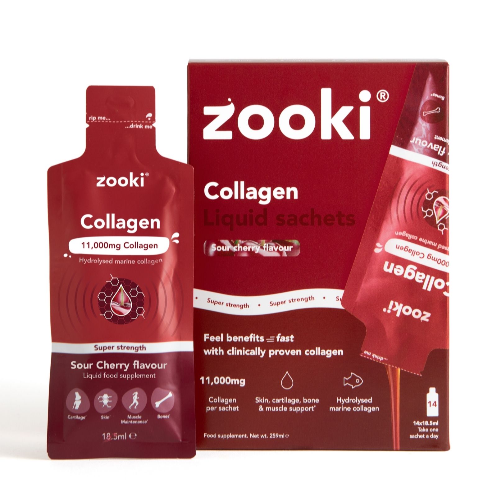 Zooki Sour Cherry Super Strength Marine Collagen Liquid Sachets 2 Week Supply