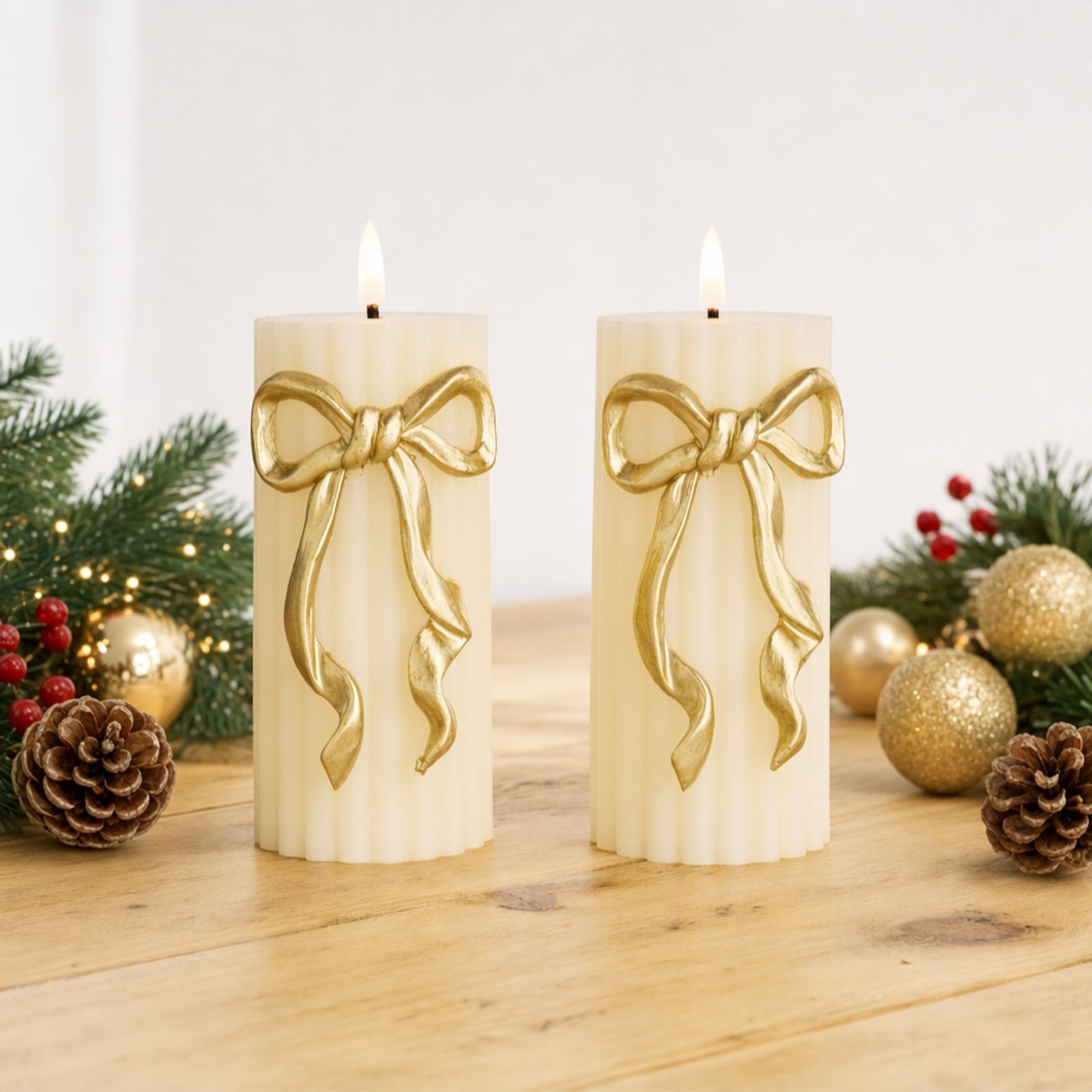 Home Stories Set of 2 x 15cm LED Flameless Pillar Candles with Bow...