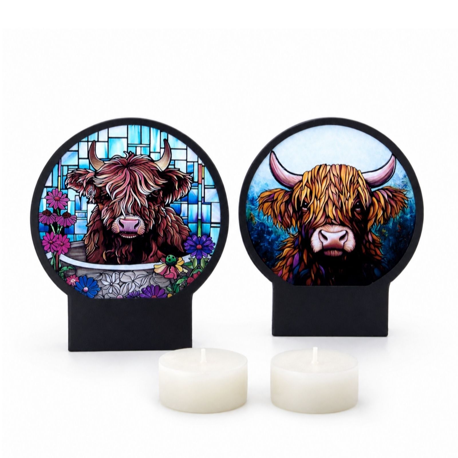 Cello Set of 2 Round Highland Cow Tealight Holders with Tealights