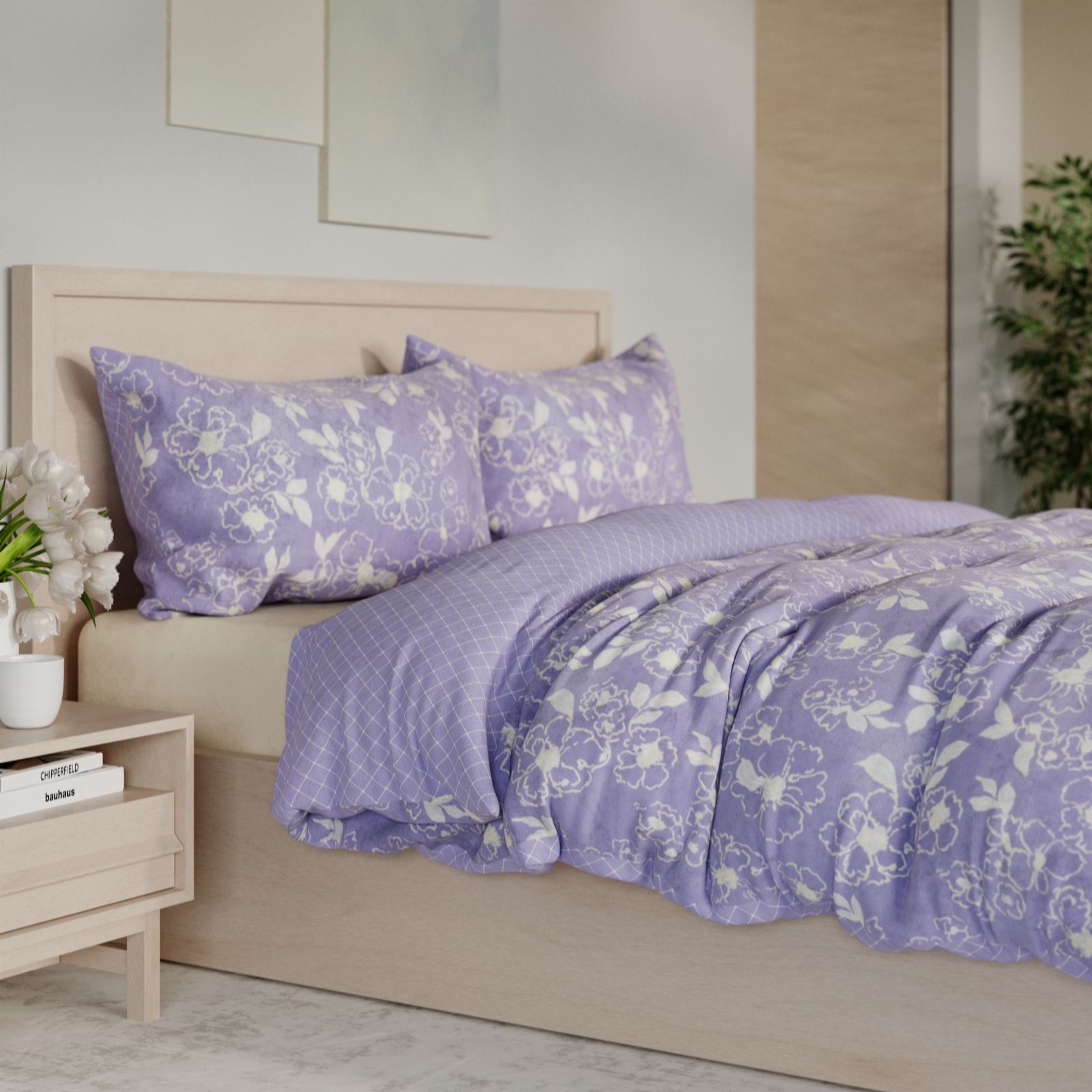 Cozee Home Blue Velvetsoft Reversible Floral Geo 4 Piece Duvet Set