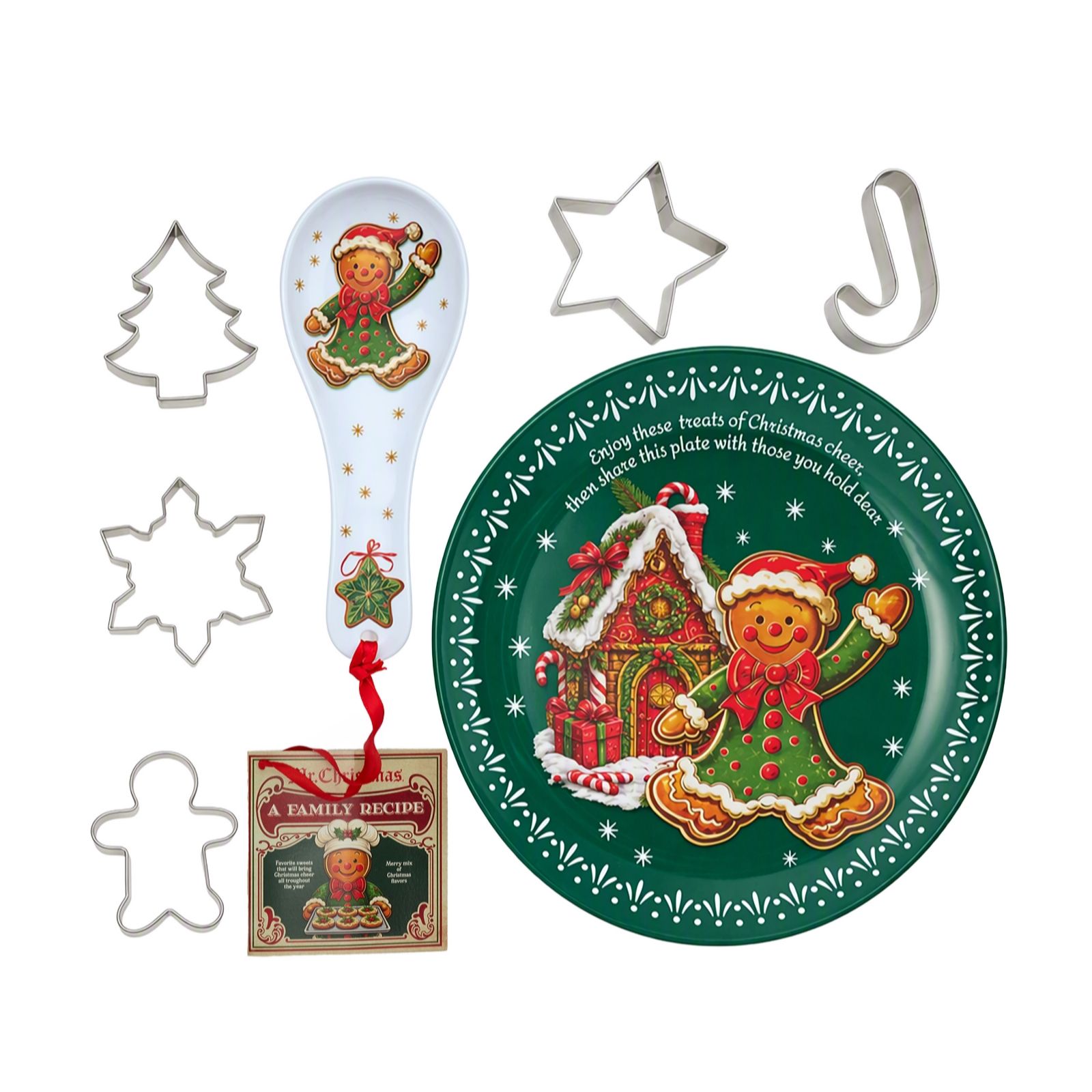 Mr Christmas 12" Plate with 6 Cookie Cutters, Spoon and Recipe Gift...