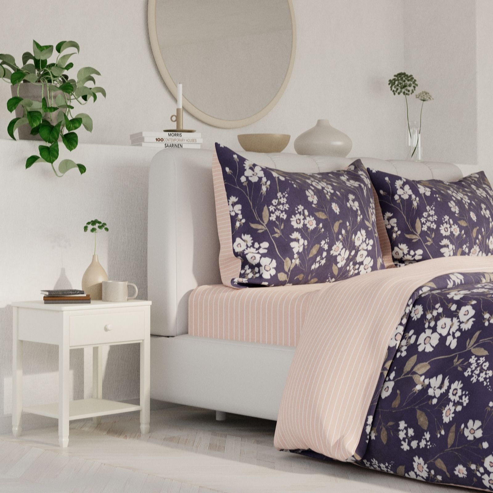 Cozee Home Blue Velvetsoft Reversible Floral Stripe 4 Piece Duvet Set