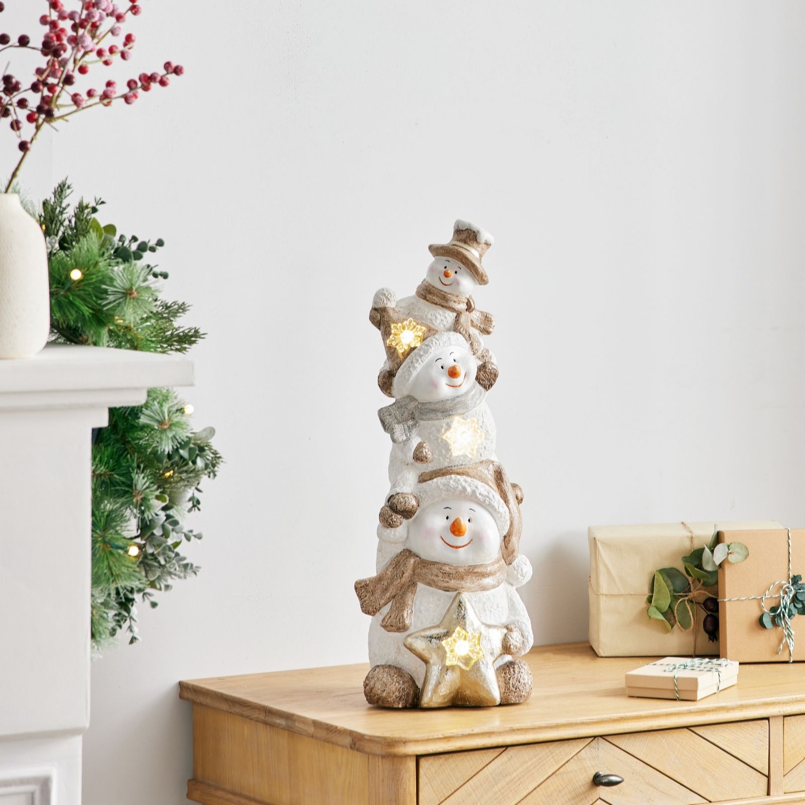 Festive Snowman Stack Pre Lit Ceramic Snowman Decoration