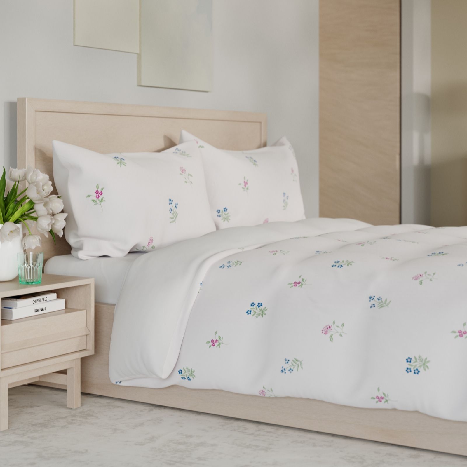 Cozee Home White Floral Supersoft By Floral Embroidery 3 Piece Duvet Set