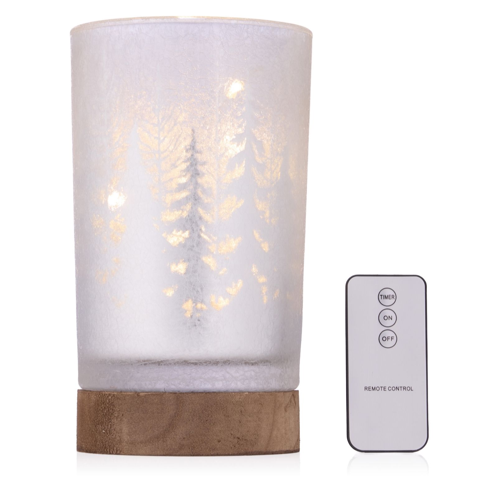 Home Stories Pre Lit Frosted Forest Hurricane On Wooden Stand